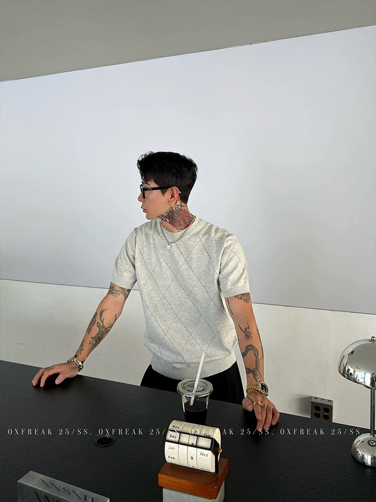 「ダイヤモンドジャカード」中空無地ニット半袖TシャツメンズストレートショルダーラウンドTシャツ 韓国スタイル