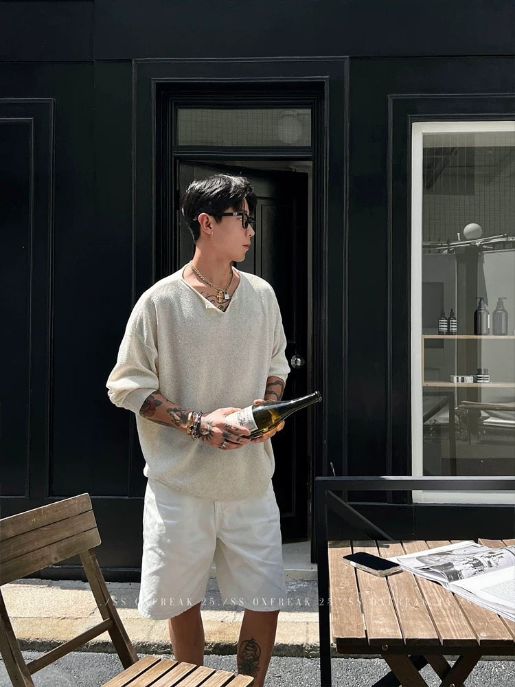 「ロングターミズム テンセルリネン」オールドマネースタイル Vネック 長袖Tシャツ メンズ 韓国スタイル