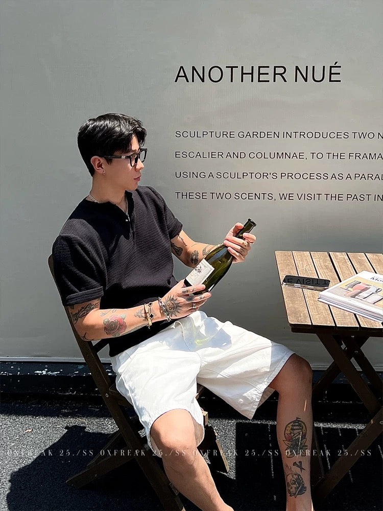 「オールドマネースタイルワッフル」 ニットヘンリーカラー 半袖Tシャツ メンズ 韓国スタイル