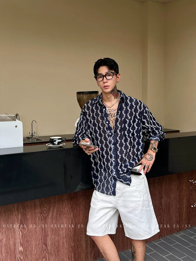 「リヨセル混紡フローラルストライプ」長袖シャツ men'sメンズ 韓国スタイル
