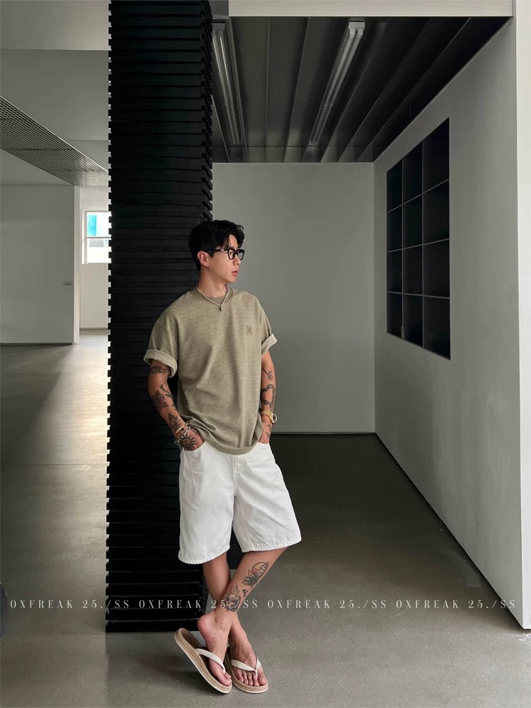 「特注リブ編み四つ葉のクローバー刺繍」両面ニット半袖Tシャツ メンズ 韓国スタイル