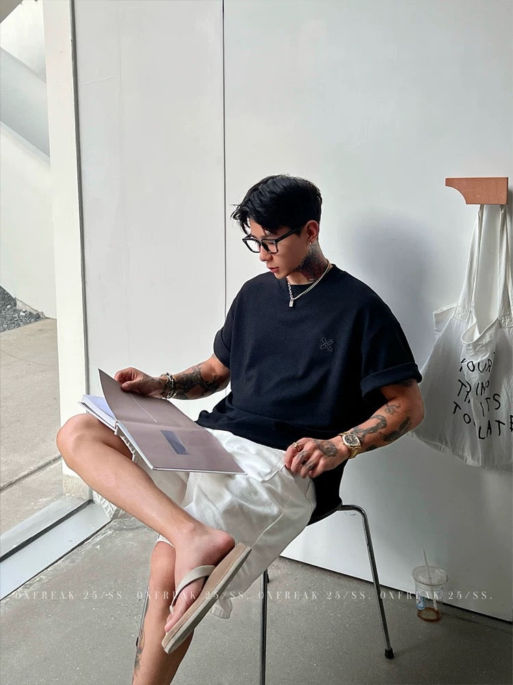 「特注リブ編み四つ葉のクローバー刺繍」両面ニット半袖Tシャツ メンズ 韓国スタイル