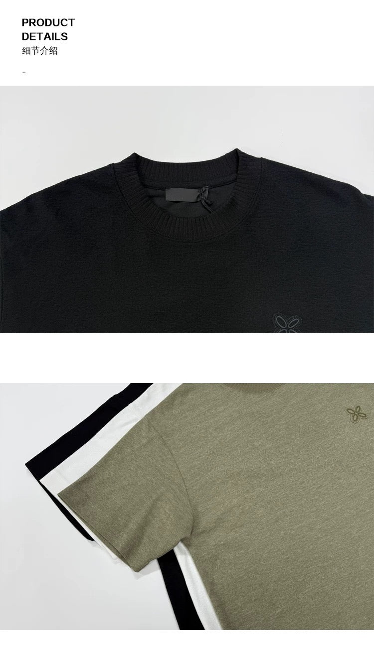 「特注リブ編み四つ葉のクローバー刺繍」両面ニット半袖Tシャツ メンズ 韓国スタイル