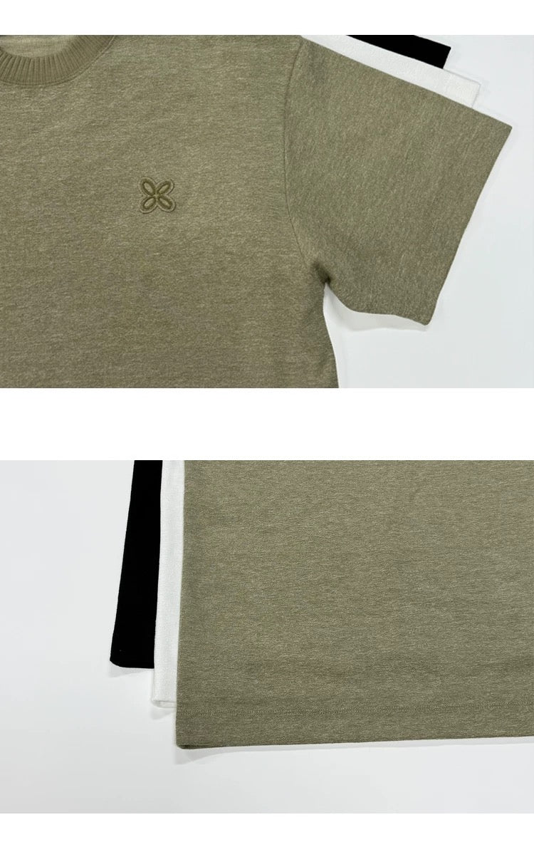「特注リブ編み四つ葉のクローバー刺繍」両面ニット半袖Tシャツ メンズ 韓国スタイル