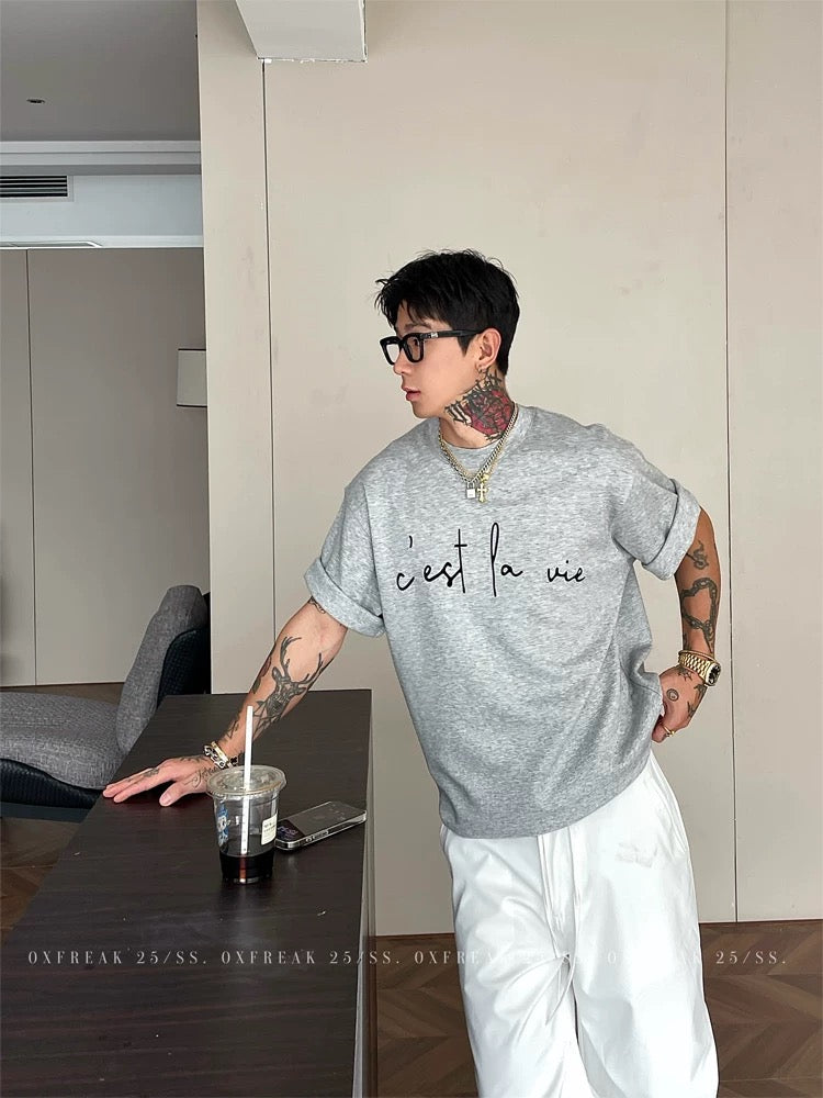 300gヘビーグレー半袖Tシャツメンズゆったりラウンドネック 韓国スタイル