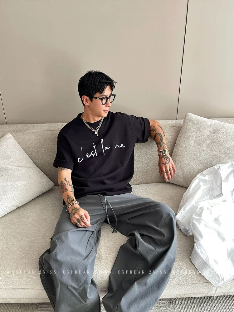 300gヘビーグレー半袖Tシャツメンズゆったりラウンドネック 韓国スタイル