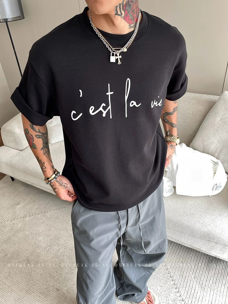 300gヘビーグレー半袖Tシャツメンズゆったりラウンドネック 韓国スタイル