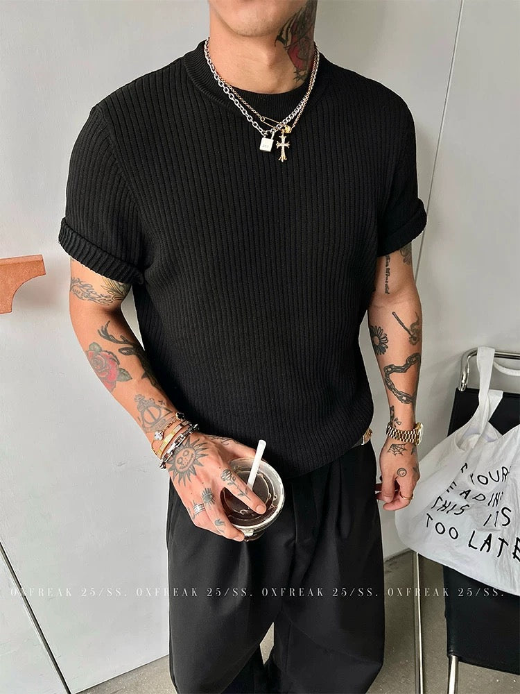 「アンチピリング生地」スリム サマー 半袖 Tシャツ メンズ ニットハーフスリーブ 韓国スタイル
