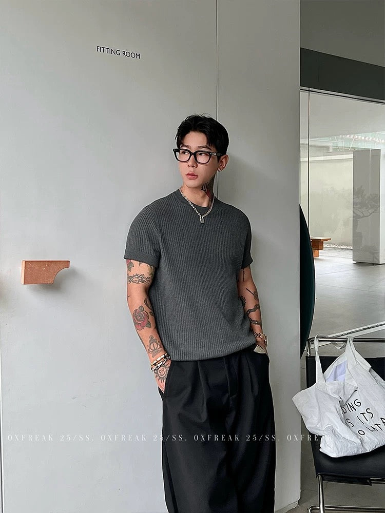 「アンチピリング生地」スリム サマー 半袖 Tシャツ メンズ ニットハーフスリーブ 韓国スタイル