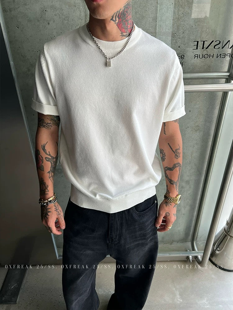 「クリーンフィット」無地ニット半袖TシャツメンズストレートショルダースモールカラーTシャツ 韓国スタイル