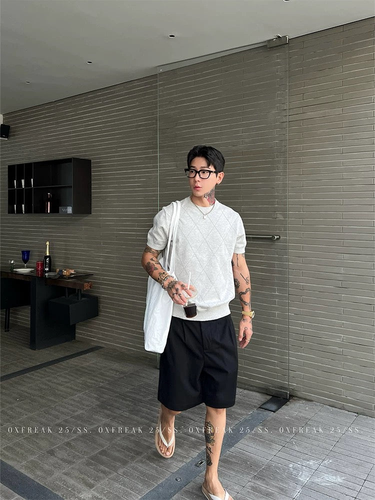 「ダイヤモンドジャカード」中空無地ニット半袖TシャツメンズストレートショルダーラウンドTシャツ 韓国スタイル