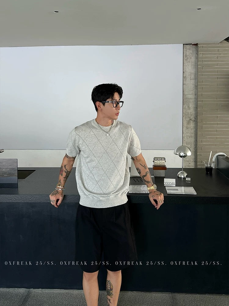 「ダイヤモンドジャカード」中空無地ニット半袖TシャツメンズストレートショルダーラウンドTシャツ 韓国スタイル