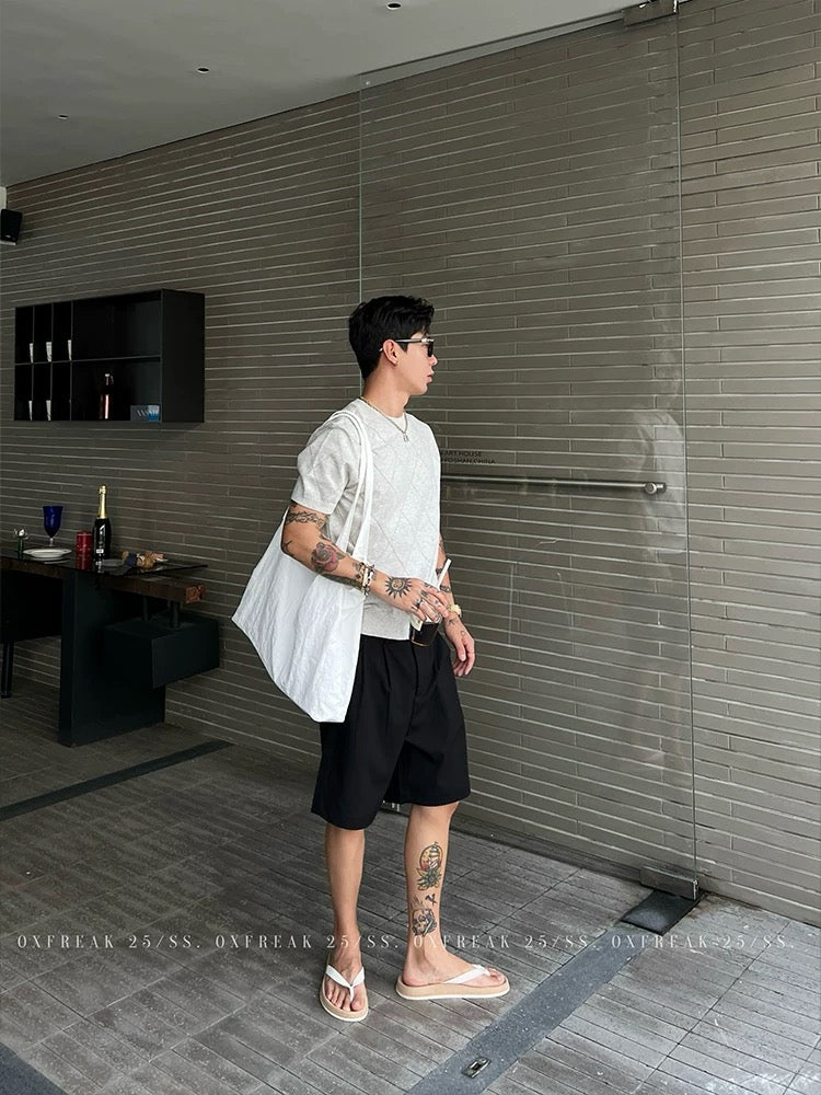 「ダイヤモンドジャカード」中空無地ニット半袖TシャツメンズストレートショルダーラウンドTシャツ 韓国スタイル