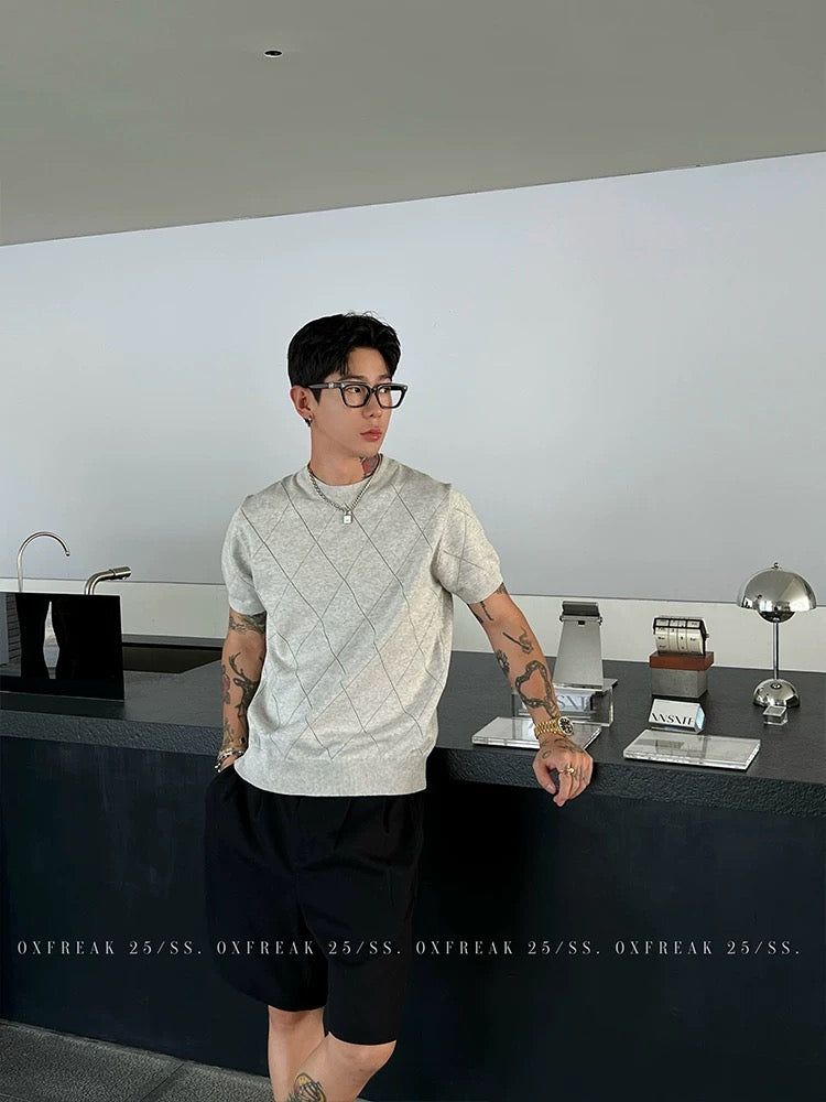 「ダイヤモンドジャカード」中空無地ニット半袖TシャツメンズストレートショルダーラウンドTシャツ 韓国スタイル