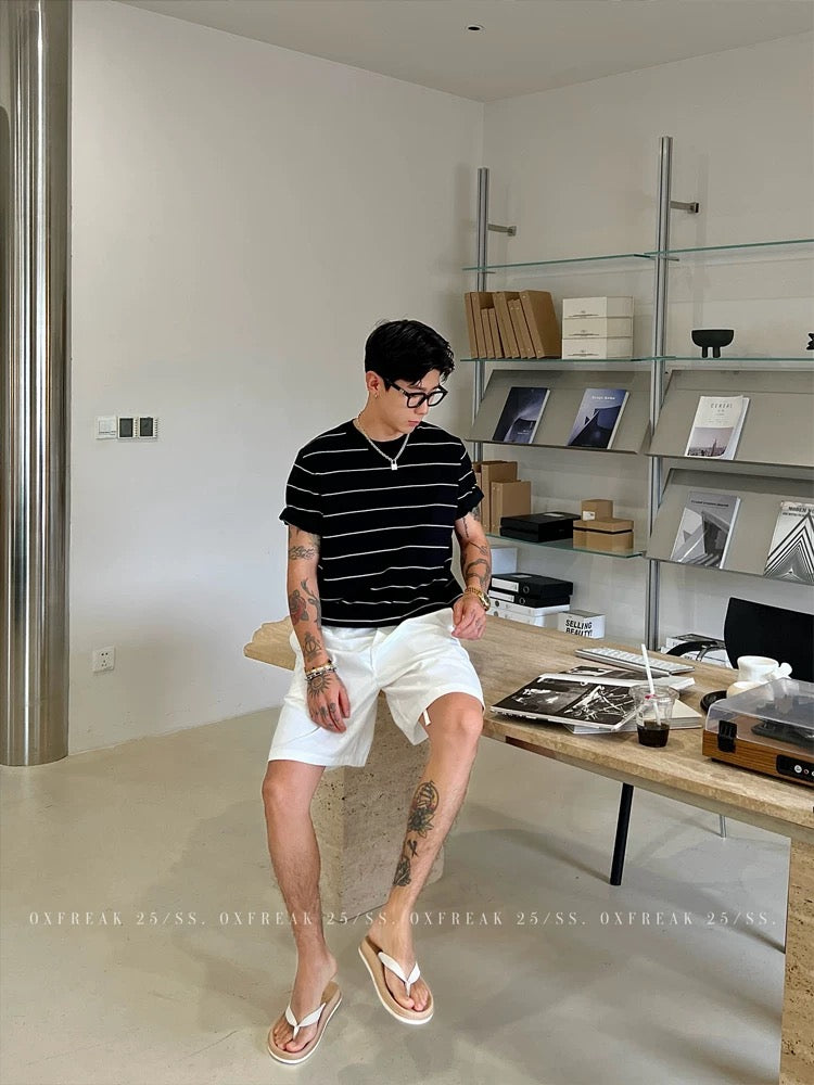 「リネンブレンド ベーシックスタイル」メンズ ゆったりストレートショートパンツ  韓国スタイル