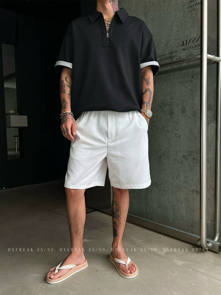 「リネンブレンド ベーシックスタイル」メンズ ゆったりストレートショートパンツ  韓国スタイル